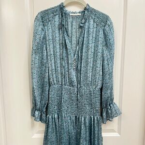Q2 Spanish Style Blue Floral Smocked Mini Dress (Size M)